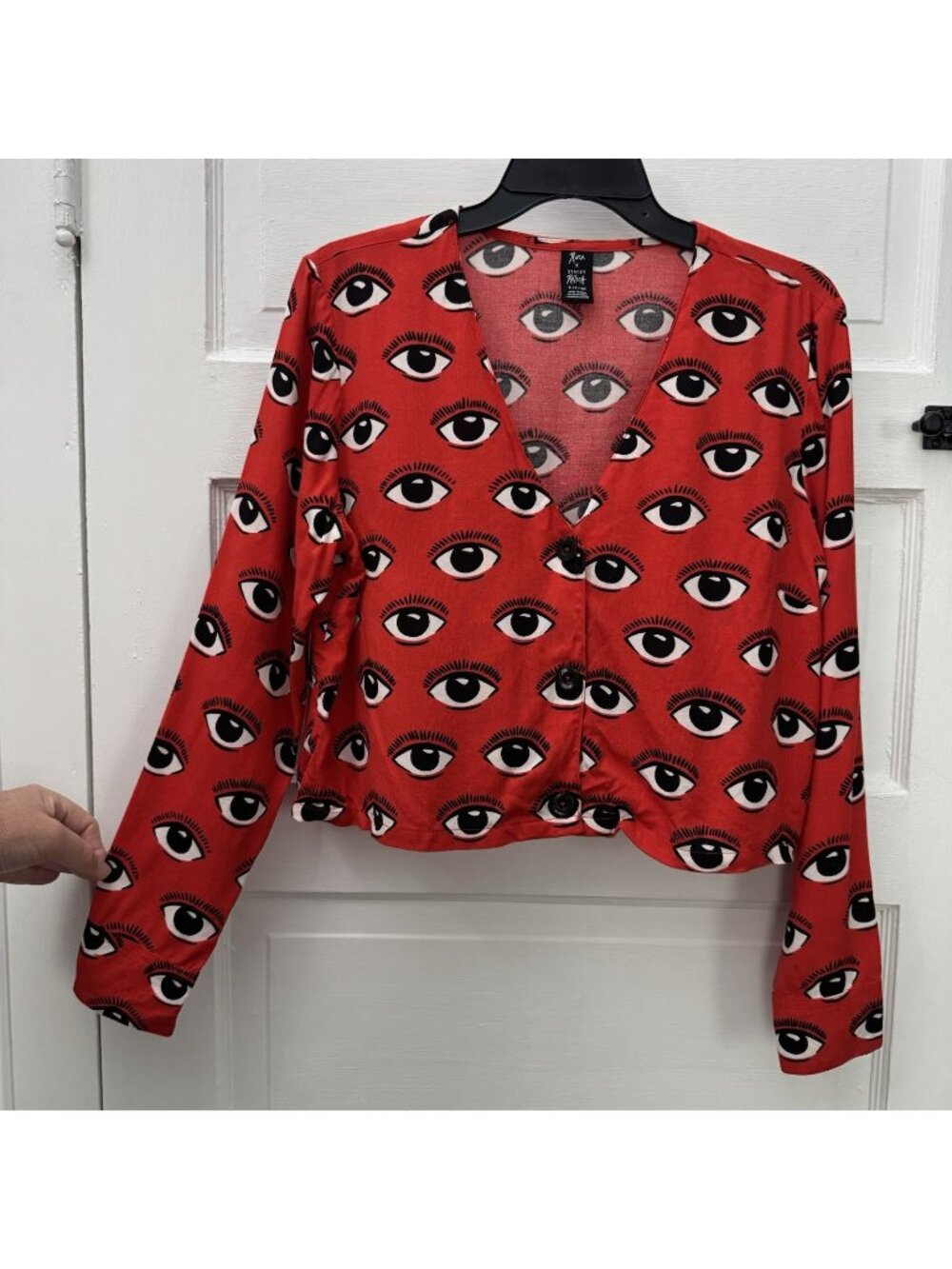 RVCA x Stacey Rozich Eye Print Red Cropped Button Blouse Small Artist
